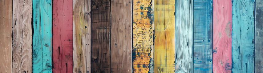 Ultra-wide retro colored wooden fence background, nostalgic charm, weathered planks boasting a vibrant array of hues reminiscent of bygone eras, rustic yet vibrant backdrop rich in character & warmth