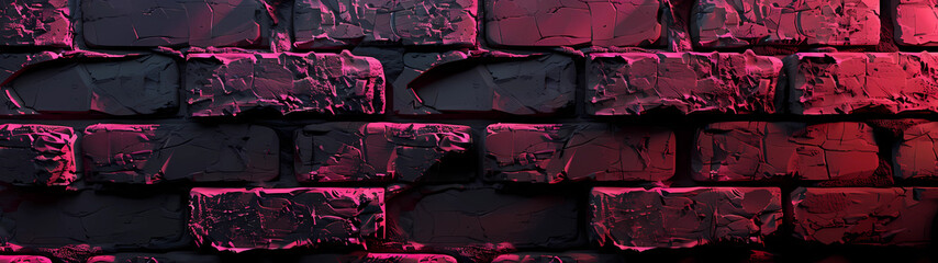 Ultra-wide black and pink brick wall background, the rugged texture of weathered bricks meets the soft, vibrant hues of pink, creating a visually striking and eclectic backdrop - obrazy, fototapety, plakaty
