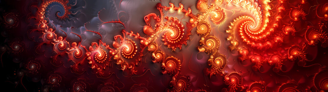 An ultra-wide artistic, intricate, detailed, uplifting and energetic abstract background, phyllotaxis patterns and doyel spirals, bold, fiery crimson