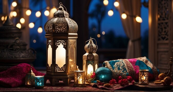 Create an ultra-realistic image capturing the intricacy of Ramadan decorations, featuring beautifully arranged string lights, ornate lanterns, and elegant textiles-Ai Generative