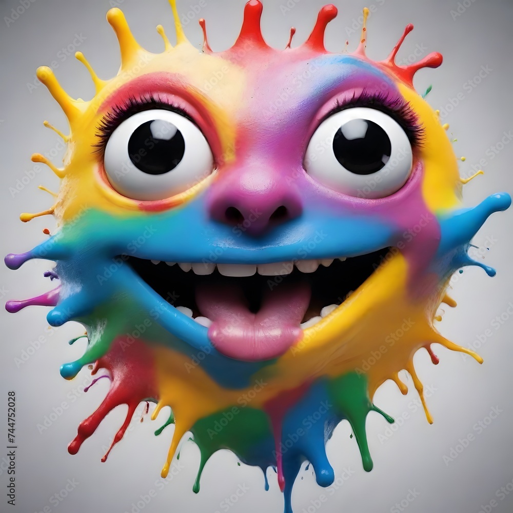 Poster an explosion of colorful splashes forms a joyful face, with vibrant hues of paint creating a lively 