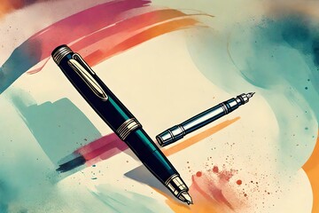 A close-up HD image of a colorful minimalistic illustration of a fountain pen with a sleek, elegant...