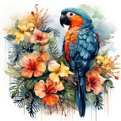 Fototapeta premium watercolor tropical summer frame with birds flower clipart, Generative Ai