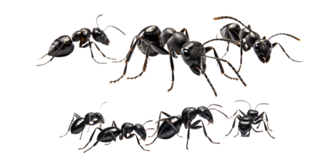 Collection of black ant isolated on a white background as transparent PNG