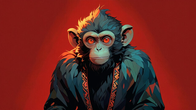 colorful monkey on a red background ai image 