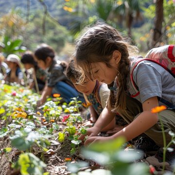 Children are participating in environmental education through an outdoor classroom setting in a botanical garden, engaging in an interactive tree identification activity.