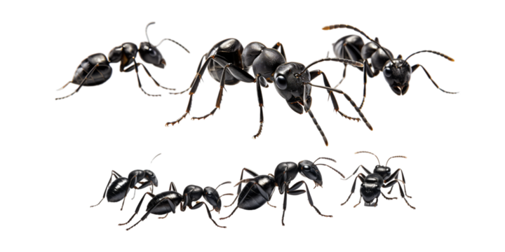 Collection of black ant isolated on a white background as transparent PNG