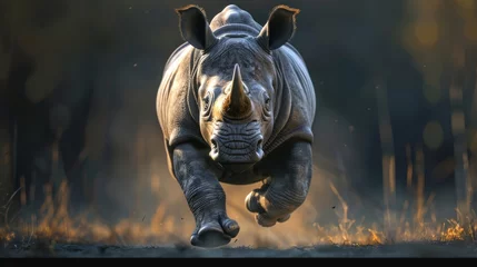 Poster Dramatic photo of a charging rhinoceros kicking up dust, with a powerful stance in a natural habitat. Suitable for wildlife conservation themes. © mashimara
