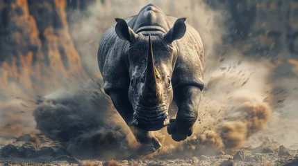 Fotobehang Dramatic photo of a charging rhinoceros kicking up dust, with a powerful stance in a natural habitat. Suitable for wildlife conservation themes. © mashimara