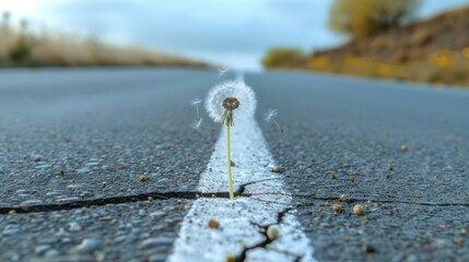 A lone dandelion on a cracked asphalt road with blurred green landscape in the background, symbolizing resilience and nature's tenacity.