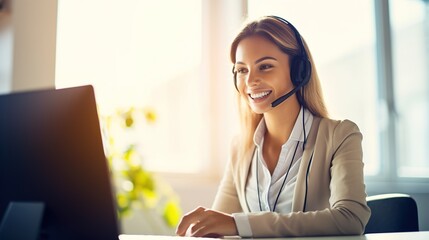 Smiling young customer service Woman wearing headphones in the Office