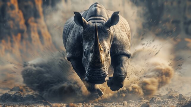 Dramatic photo of a charging rhinoceros kicking up dust, with a powerful stance in a natural habitat. Suitable for wildlife conservation themes.