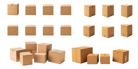 Collection of cardboard box isolated on a white background as transparent PNG