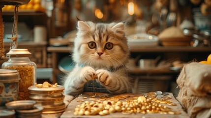 a cat sitting at a table with a bunch of food in front of it and a bunch of jars on the side of the table in front of the room.