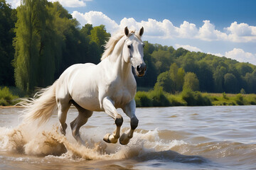 horses running in a shallow river