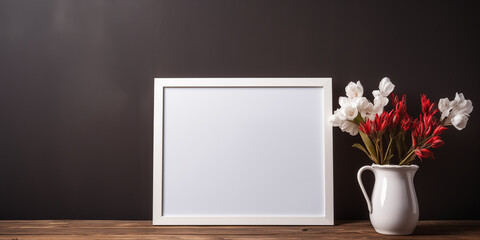 A small vertical layout in a white frame near a brown wall with a red vase with a plant, Blank wooden photo frame mockup template