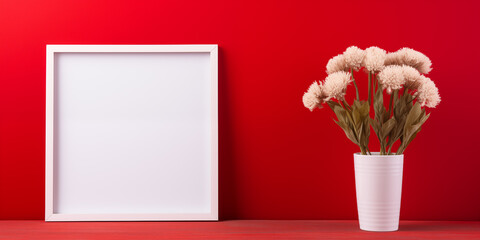 A small vertical layout in a white frame near a red wall with a red vase with a plant, Blank wooden photo frame mockup template