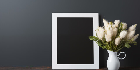 A small vertical layout in a white frame near a blue wall with a red vase with a plant, Blank wooden photo frame mockup template