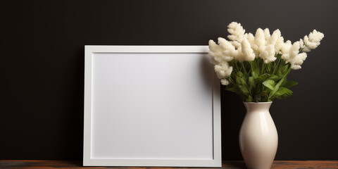 A small vertical layout in a white frame near a brown wall with a red vase with a plant, Blank wooden photo frame mockup template