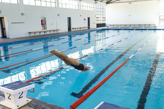 Swimmer dives into an indoor pool at a sports facility