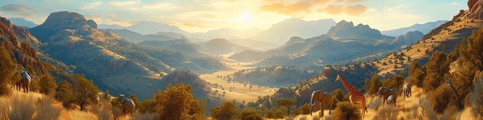 Panoramic view of a tranquil mountain valley at sunrise with sunlight filtering through the peaks, ideal for travel and nature-themed projects