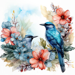 watercolor tropical summer frame with birds flower clipart, Generative Ai