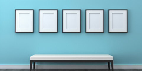 empty white picture frames on a sky blue wall above a sofa, ready for artwork display, Blank wooden photo frame mockup template