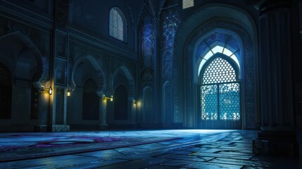 Fototapeta premium Moon light shining through a mosque window, A beautiful mosque view, Islamic backgrounds