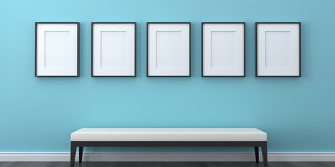many empty white picture frames on a sky blue wall above a bench, ready for artwork display, Blank wooden photo frame mockup template