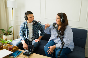 Hispanic people recording an amateur podcast