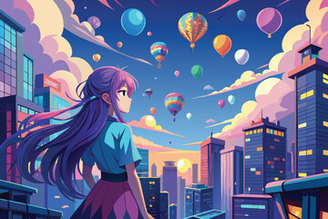a beautiful magical wallpaper of an anime girl watching a city from top of a sky scrapper with a lot of balloons on the sky, vector illustration