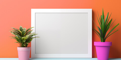 A small vertical layout in a white frame near a pink wall with a red vase with a plant, Blank wooden photo frame mockup template