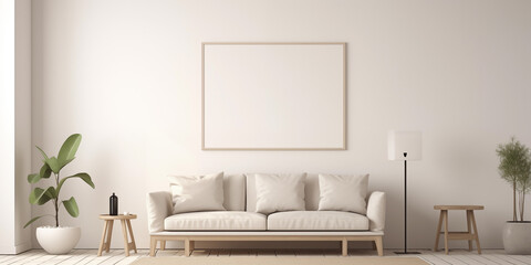 A small vertical layout in a white frame above the sofa with white background, Blank wooden photo frame mockup template