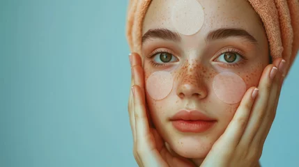 Fotobehang Schoonheidssalon a girl holds her hands near her face, does beauty procedures, a moisturizing mask on her face, round patches under the eyes and on the forehead