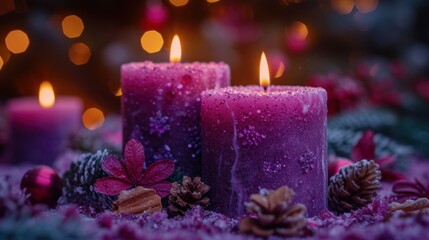 a couple of purple candles sitting on top of a pile of snow covered ground next to pine cones and a christmas tree with lights in the back ground behind it.