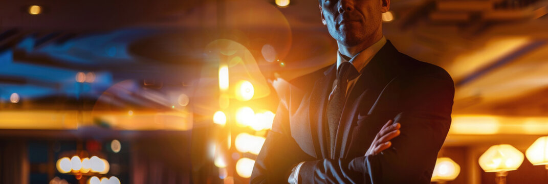 a respectable man with his arms folded on his chest in a jacket and tie, Tulib, boss in a casino, macho, background for a banner
