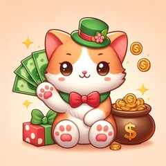 Kawaii lucky cat and money on isolate background. Lucky money charm wallpaper