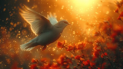  a white bird flying over a tree with red flowers in front of a bright yellow sky with drops of water on the leaves and the branches of the tree in the foreground.