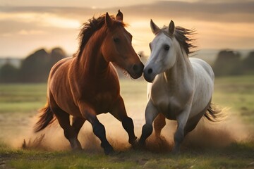 Two horses are running through a field, with one horse appearing to nip or bite the other horse's face. The horses have their heads close together and are facing each other in an intense moment of int