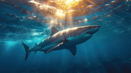  a great white shark swims under the water's surface in the open ocean, with sunlight streaming through the water's surface and shining on the water's surface. - obrazy, fototapety, plakaty