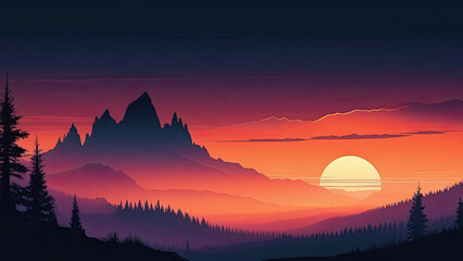 Dramatic red sunset in mountains.  Silhouettes of mountains and trees. Vector style illustration - obrazy, fototapety, plakaty