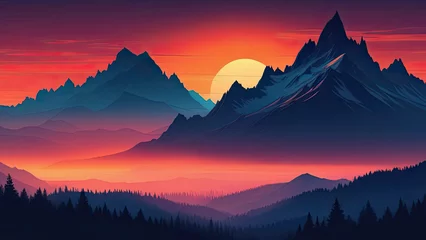 Rolgordijnen Dramatic red sunset in mountains.  Silhouettes of mountains and trees. Vector style illustration © Alexander