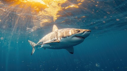  a great white shark swims beneath the surface of the water with sunlight shining on it's back and it's head above the water's surface.
