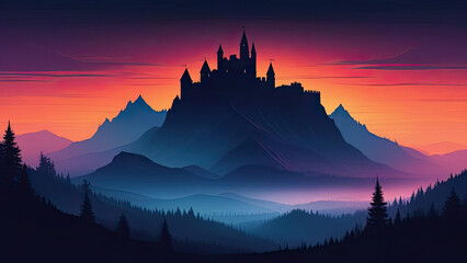 Dramatic red sunset in mountains.  Silhouettes of mountains, castle and trees. Vector style illustration