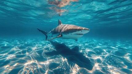  a great white shark swims under the water's surface in a blue ocean with sunlight shining on the water's surface and a person swimming in the foreground.