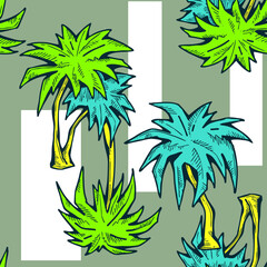 Tropical seamless vector pattern with palm leaves and tree. Holiday vocation theme for fabric print, textile design, fashion party invitation, luxury life style. Hand drawn cartoon line illustration.