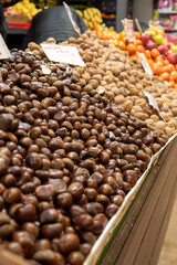 chestnuts and shelled dried walnuts for sale in the market