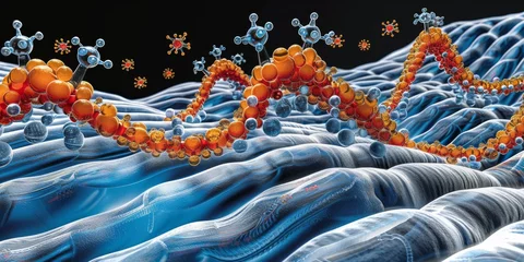 Fotobehang Abstract visualization of molecular structures and DNA sequencing in scientific research, symbolizing biotechnology and genetic engineering © Ross