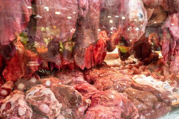 offal products, animal intestines, beef lungs, an offal shop in Turkey,