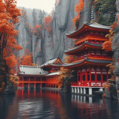 Sacred Red Pagoda by a Misty Lake Surrounded by Cliff Walls and Autumn Trees
